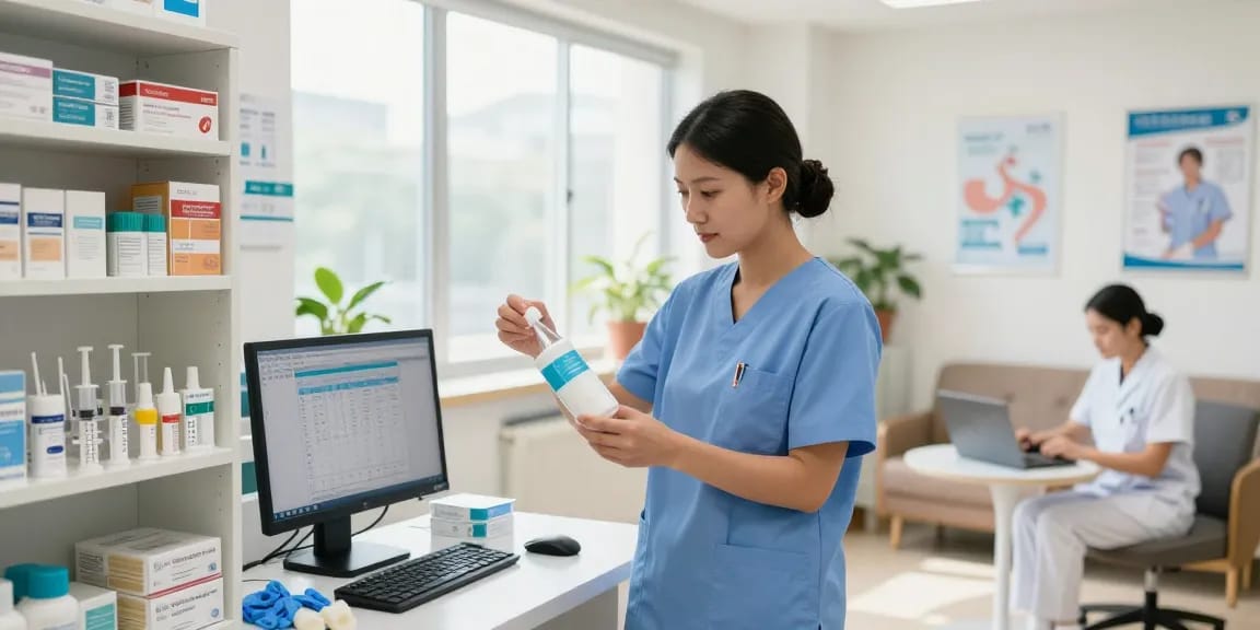 Medical supplies Montreal displayed in a bright clinic room, highlighting essential healthcare products and organization.