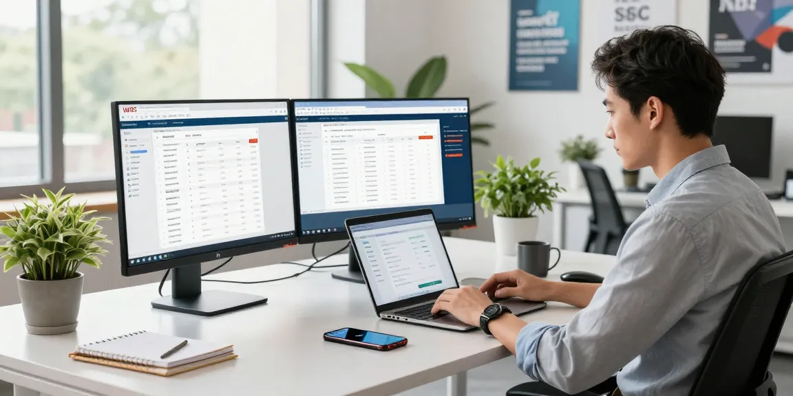 Professional utilizing the WPS Official Website in a modern office workspace with multiple screens and natural light.