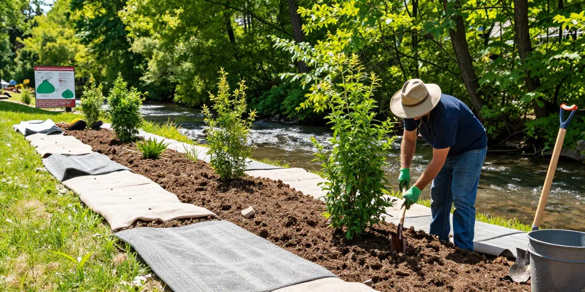 Erosion control Ottawa landscape professional planting shrubs alongside a creek to prevent soil erosion.