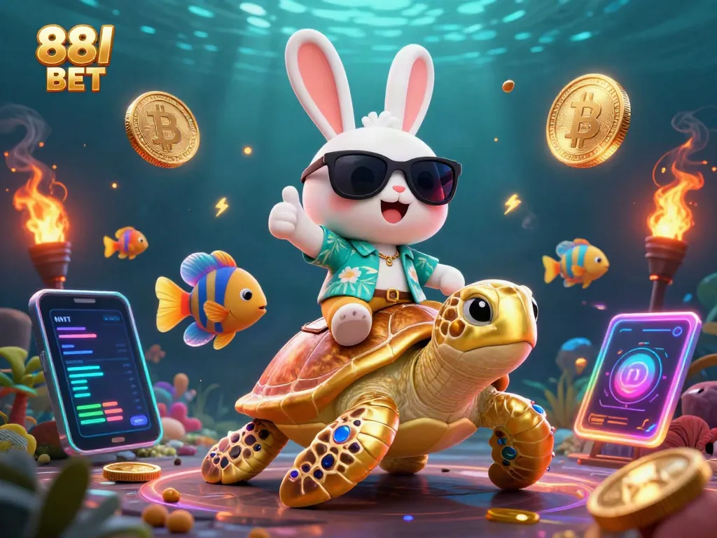 Experience the excitement of 88I BET with a vibrant underwater scene featuring a lucky rabbit and golden turtle, surrounded by crypto elements.