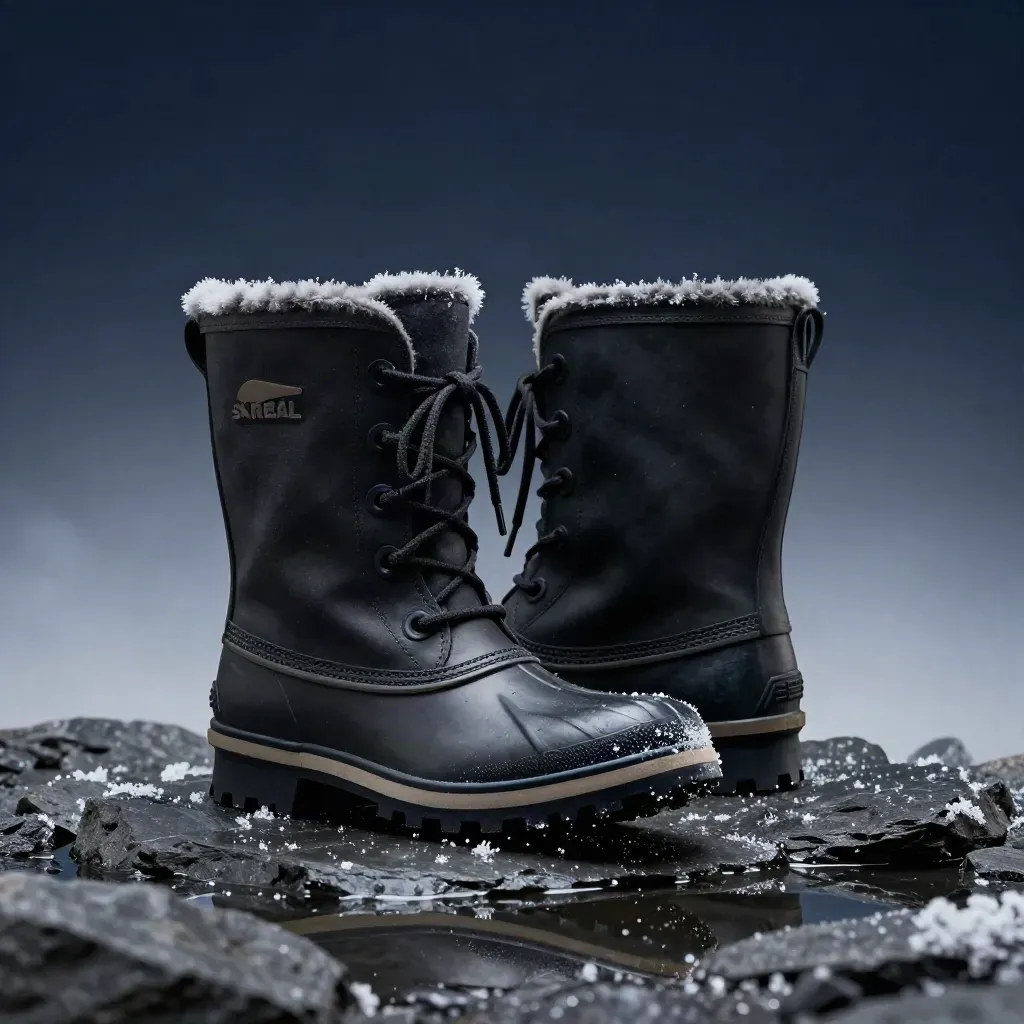 Winter boots landing on wet basalt with mist, sleet, and snow crystals