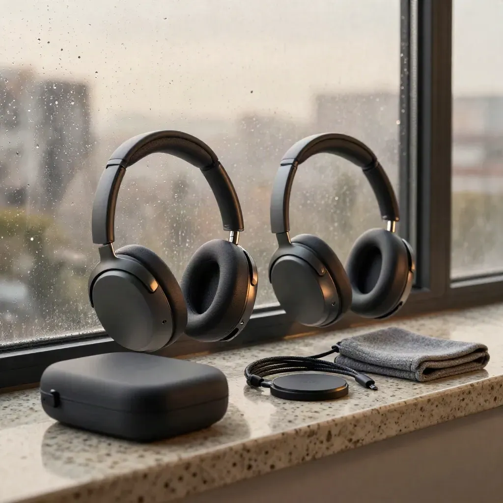 Headphones with case, cable, pouch, and charger on a travertine ledge in rainy dawn light