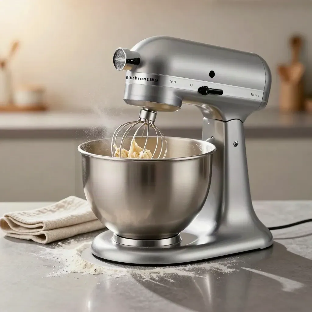 Stand mixer whipping dough with flour halo, linen towel, and bowl on a pewter surface.