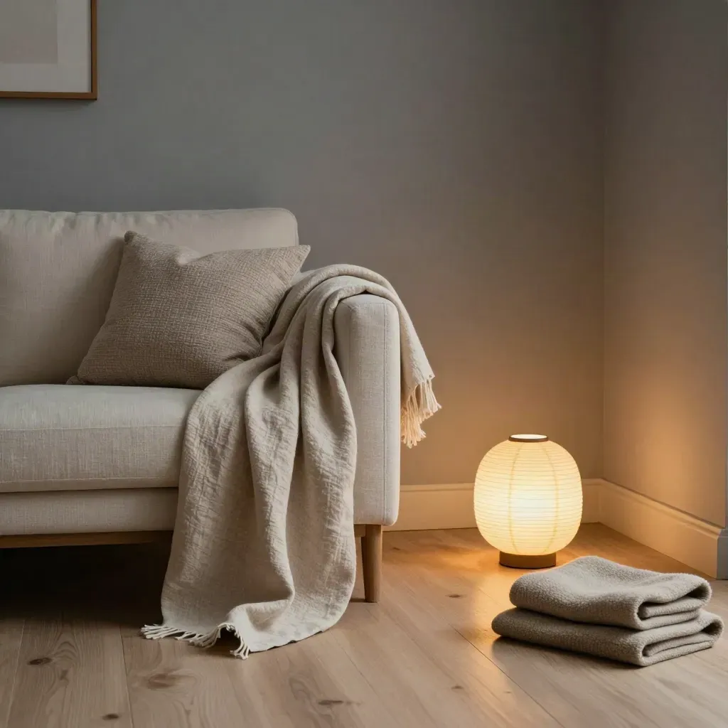 Winter living-room corner with lamp, sofa throw, cushion, and blanket in soft dusk light