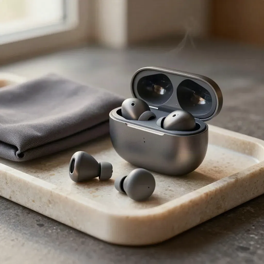 Open earbuds in case beside pouch on a stone tray, softly lit with steam haze.