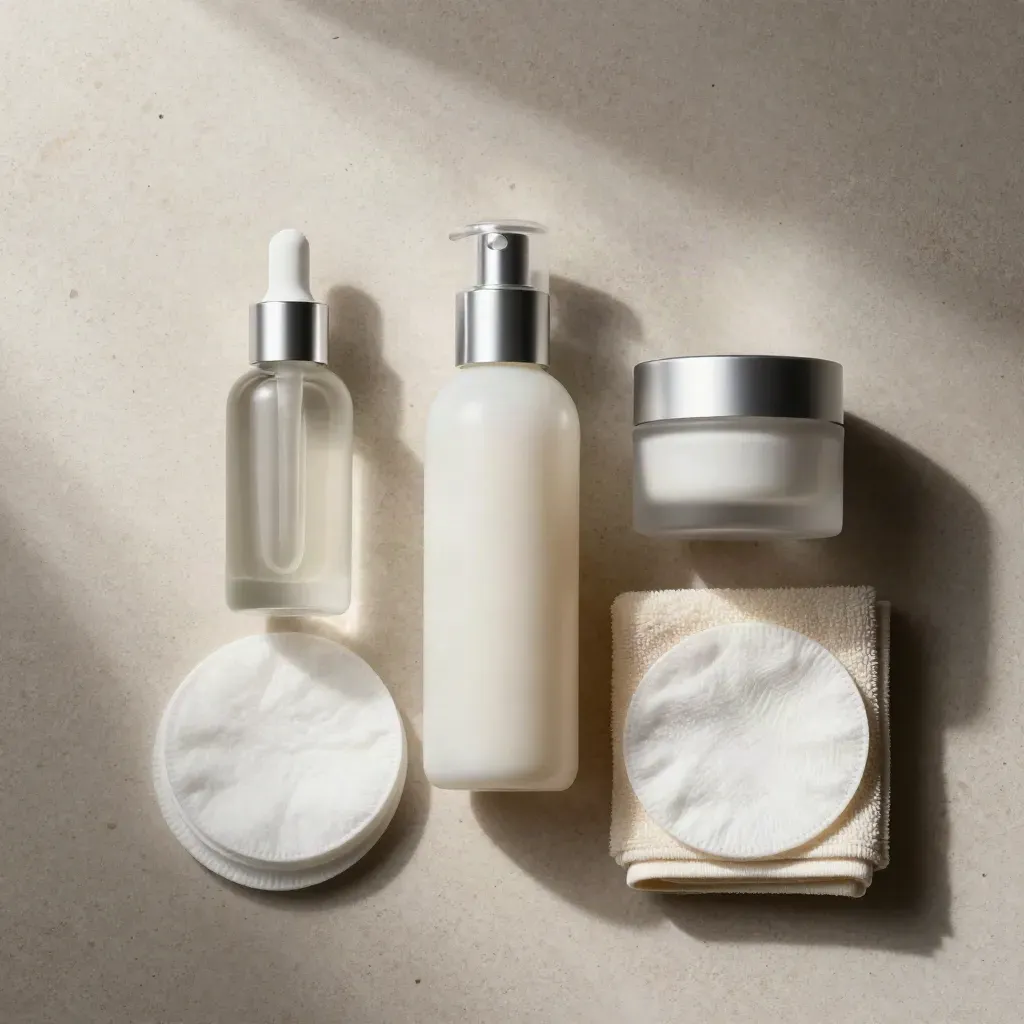 Overhead skincare flatlay with bottles, jar, cotton pads, and folded towel on pale stone.