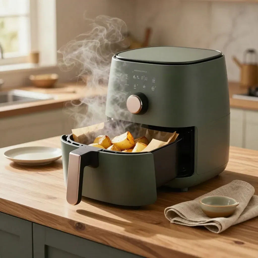 Air fryer basket open on golden potatoes with steam, linen napkin, and warm kitchen light.