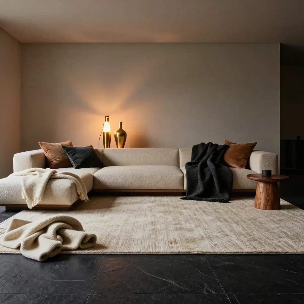 Winter living room with glowing lamps, layered throws and a textured rug on a dark slate floor