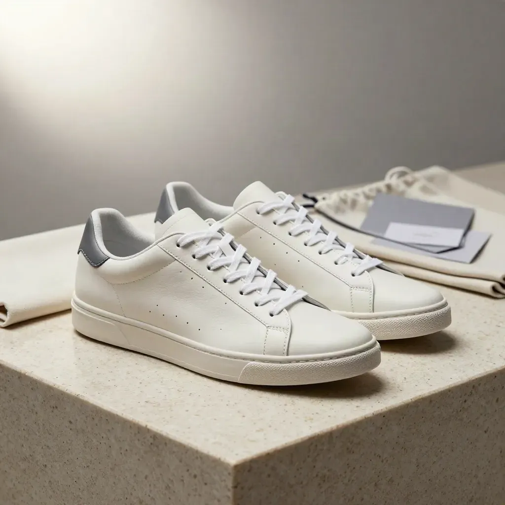 White court sneakers with spare laces and dust bag on travertine, softly lit in studio.