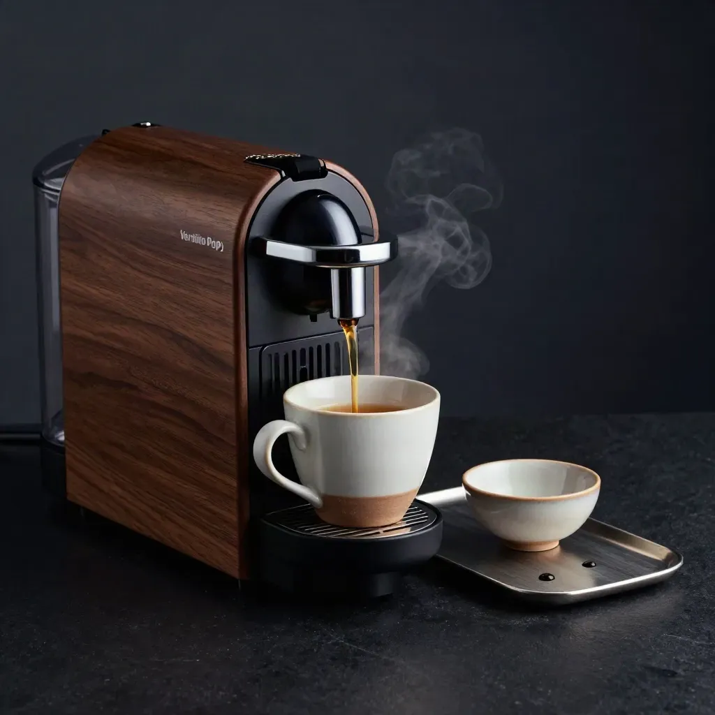 Dark studio shot of a coffee machine pouring into a cup with steam, capsules and tray