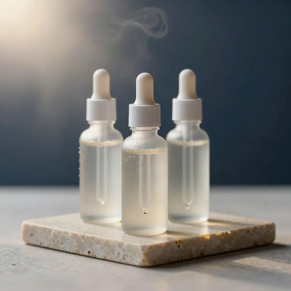 Three serum bottles on a frosted stone tray with condensation, soft mist, and pale brass highlights.