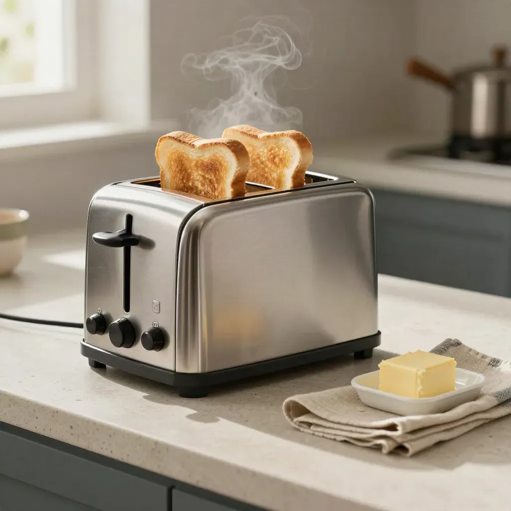 Toaster with toast rising, butter dish and linen napkin on stone in warm morning light