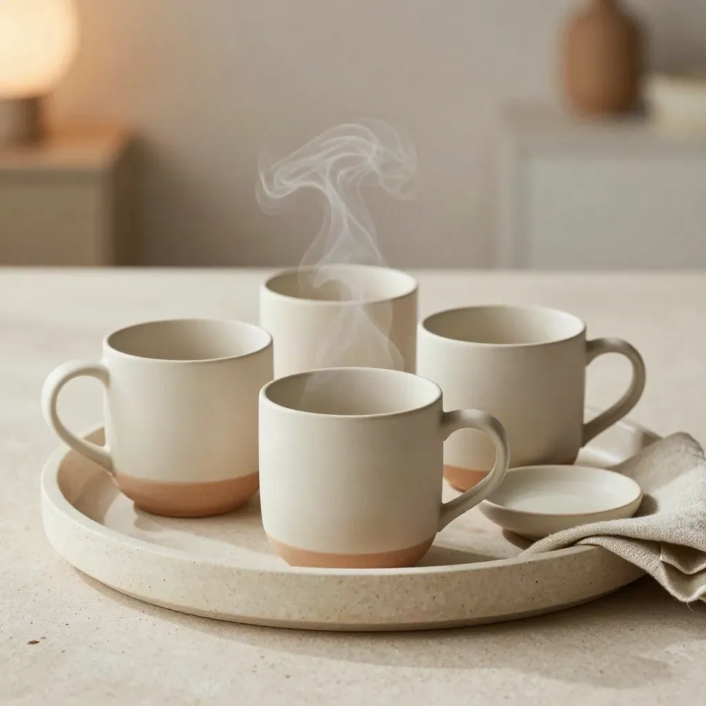 Four stoneware mugs in a tray with steam, linen, and a soft studio backdrop.