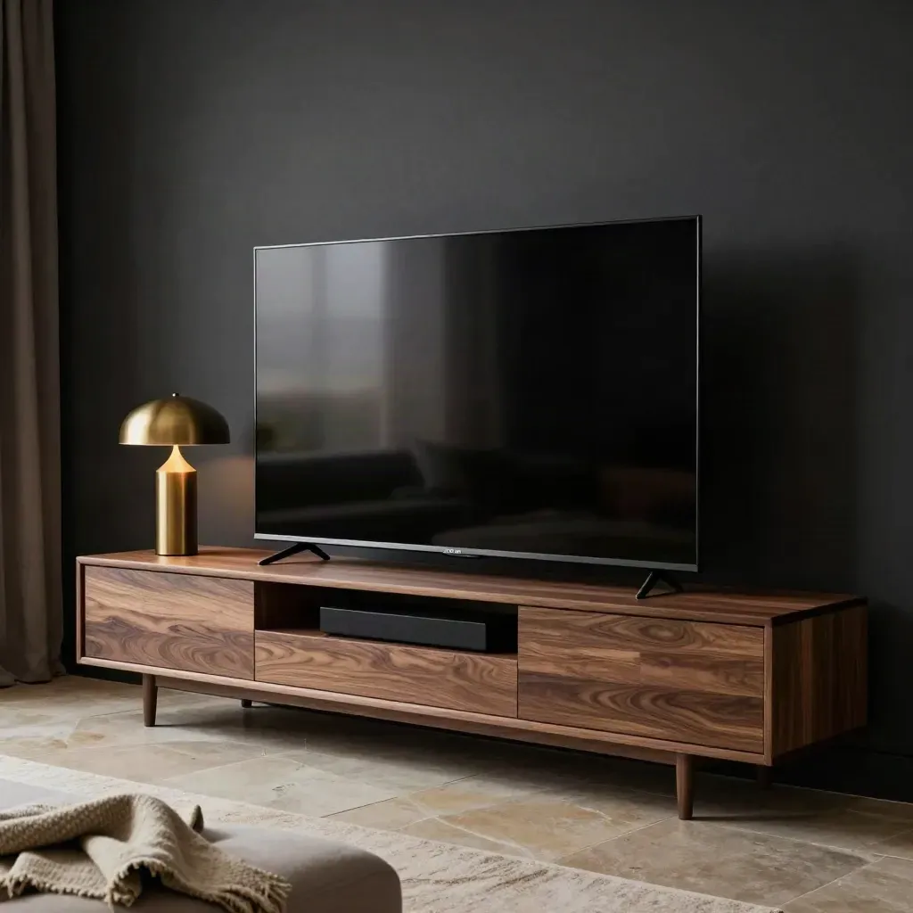 Modern living room with a 43-inch smart TV, console, speaker bar, and warm brass accent.