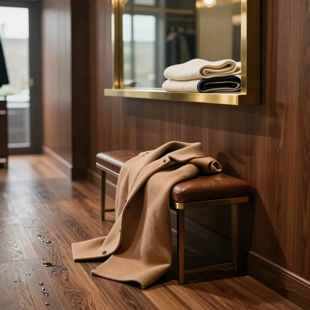 Walnut dressing corridor with wool coat, leather bench, brass mirror and calm copy space