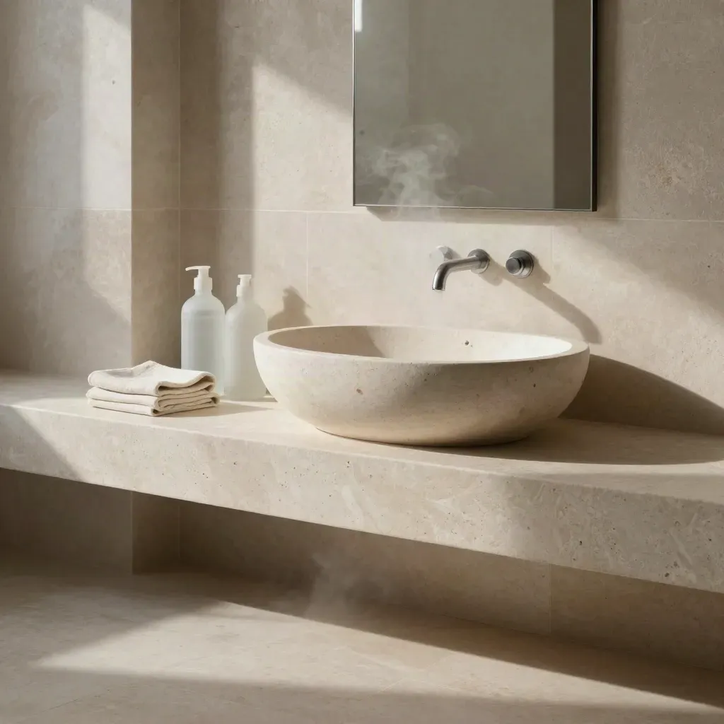Sunlit stone bathroom niche with frosted bottles, oval basin and steam-softened mirror edges.