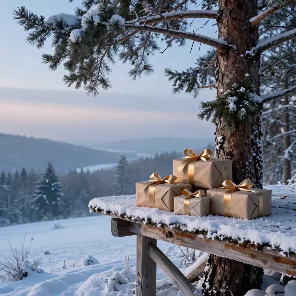 Snowy cedar overlook with wrapped parcels and pine boughs above a calm misty winter foreground.