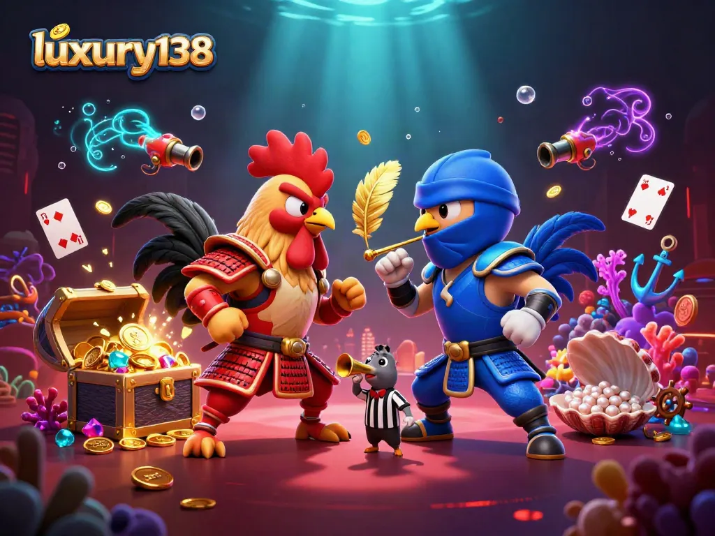 Engage in thrilling battles at luxury138 with dynamic 3D fighting roosters in a vibrant casino scene.