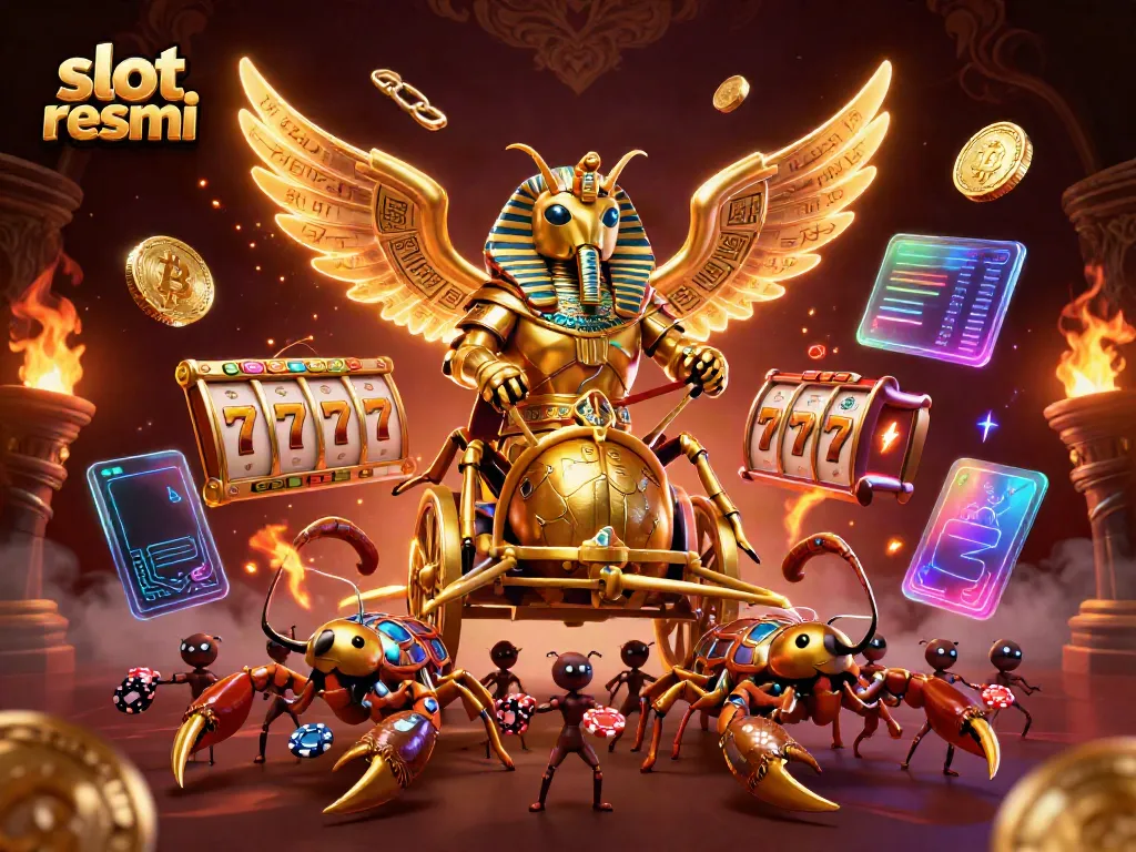 Experience slot resmi adventures with dynamic golden scarab beetle chariot in a vibrant casino landscape.