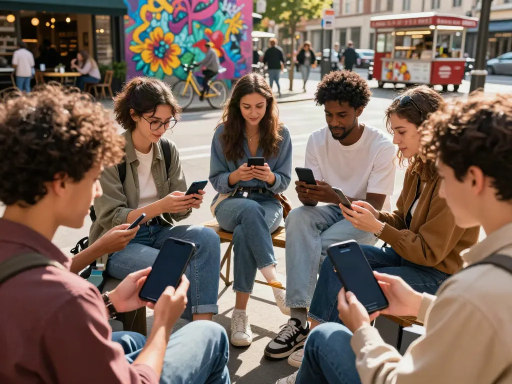 Friends using GBWhatsApp on their smartphones in a vibrant urban setting, click to download the latest features.