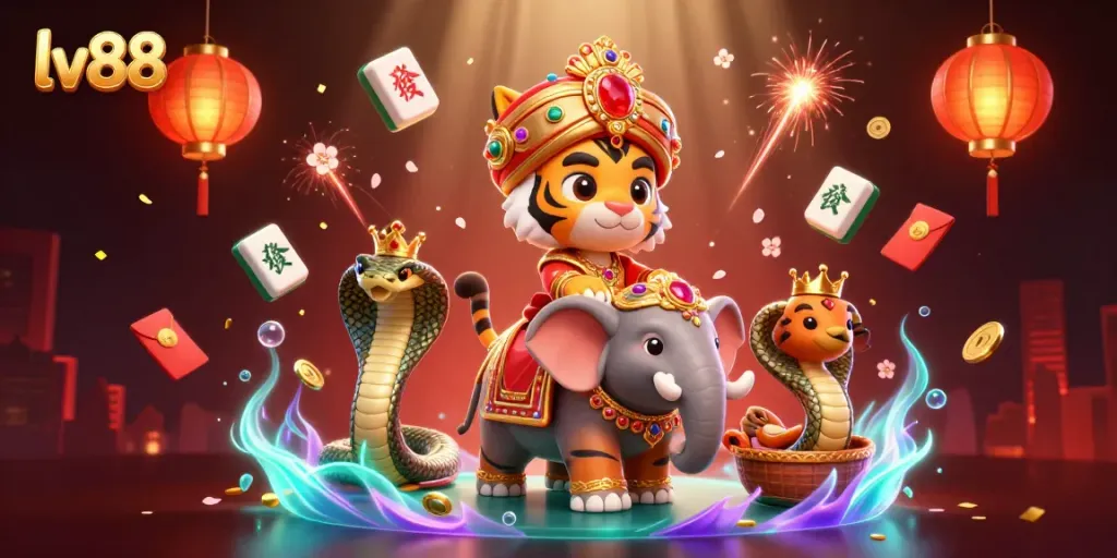 Experience thrilling betting at lv88 with a vibrant scene featuring an ornate maharaja tiger and dynamic casino elements.