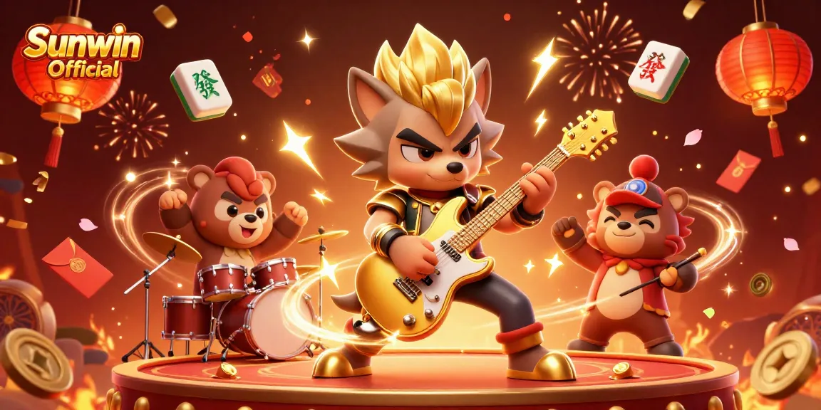 Experience excitement at Sunwin Official with a thrilling casino stage scene featuring a rock star wolf and dynamic game elements.
